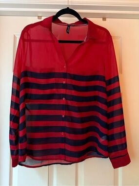 Sperry Sheer Red and Navy Striped Button-Up Blouse NWOT